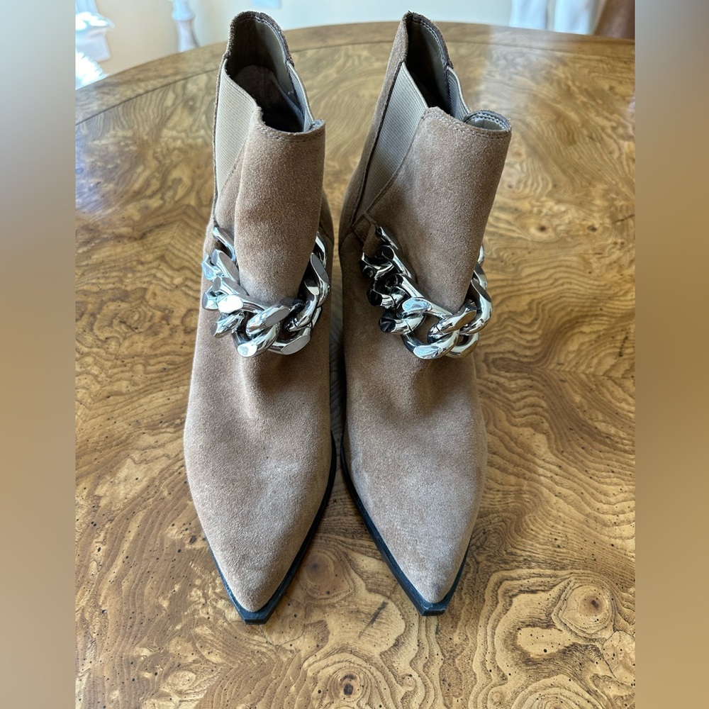 Marc Fisher Tan Suede Pointed Ankle Boots with Chunky Silver Chain